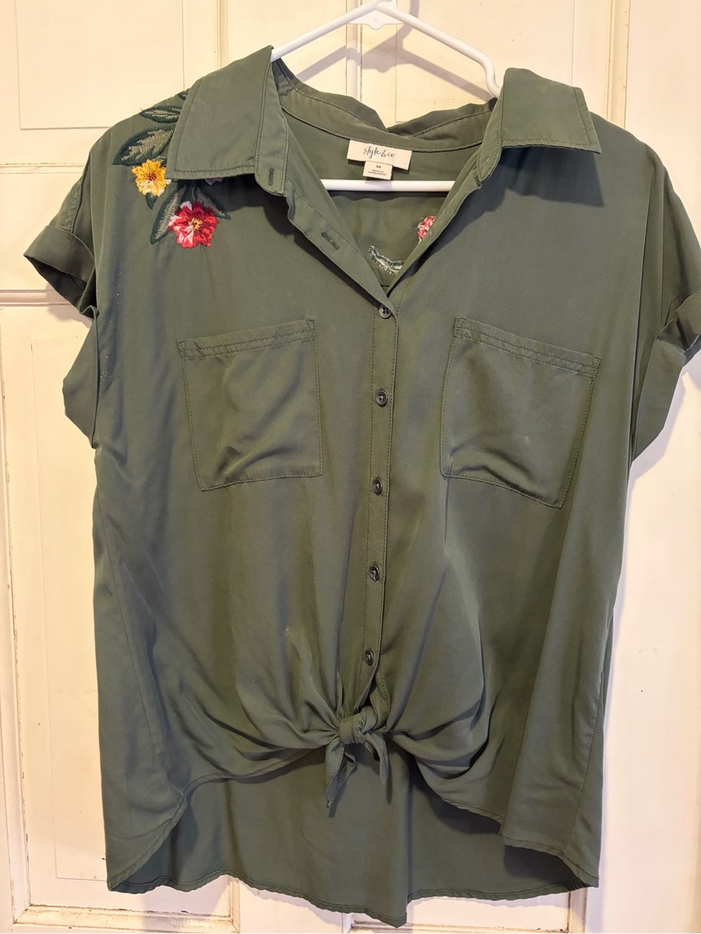 Style & Co. Olive Green Button-Front Tie-Hem Top with Floral Embroidery